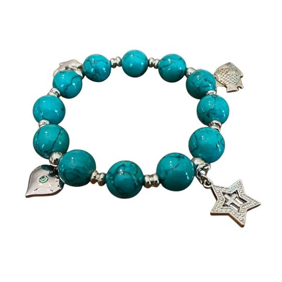 Beaded Stretch Silvertone Fish Feather Star Jerusalem Cross Bracelet Blue NWOT - Picture 12 of 12